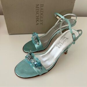Badgley Mischka Turquoise Jeweled Satin Heels
